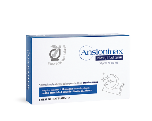 ANSIONINAX RISVEGLI NOTTURNI 30 perle. Integratore alimentare a base di Melatonina, con Olio essenziale di Lavanda e Oleolito di Zafferano.
